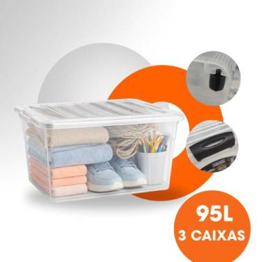 Imagem de Kit 3 Caixa Organizadora Multiuso 95L Rodinha Transparente - INJEPLAST