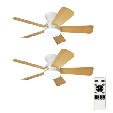 Imagem de Depuley Ventoinhas de teto de 88 cm com luzes: ventilador de teto embutido interno/externo com controle remoto - lustre de perfil baixo de 5 lâminas de madeira para gazebo de cozinha - temporizador