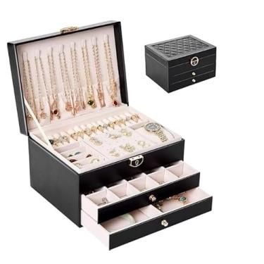 Imagem de Porta Joias com 3 Divisórias e Gavetas, Organizador de Bijuterias Grande, Estojo de Veludo para Anéis e Colares