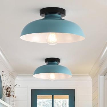Imagem de Pacote com 2 luzes de teto semiembutidas, luzes de teto pequenas de metal de 30 cm para quarto de crianças perto de luminárias de teto com sombra azul claro para corredor, entrada, cozinha, quarto