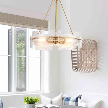 Imagem de VANZARLA Lustre de vidro moderno de 53 cm para sala de jantar, lustre vintage de 3 luzes para hall de entrada, luz pendente dourada para casa de fazenda, quarto, entrada, cozinha