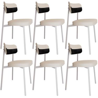 Imagem de Kit 06 Cadeiras Estofada Para Sala de Jantar Astrid Branco C01 Linho Palha Courino Preto - Lyam Decor