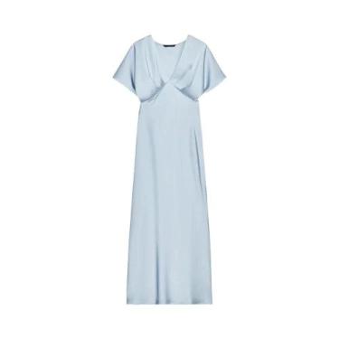 Imagem de Vestido Longo De Cetim Com Decote Em V Sexy Para Mulheres, Manga Curta