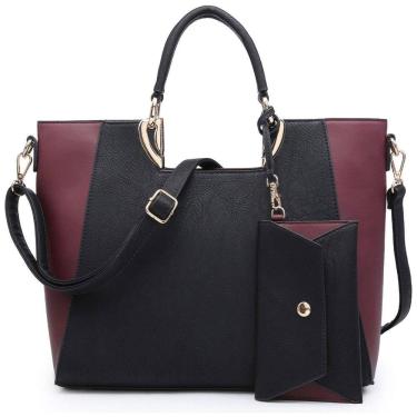 Imagem de Bolsa de Ombro Feminina em Dois Tons com Carteira Combinando, DASEIN XL 11 6949 1 BK, WN, Vermelho