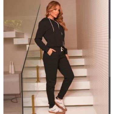 Imagem de Conjunto de Blusa de frio Feminino Calça de moletom com punho Blusa de Zíper com capuz-Feminino