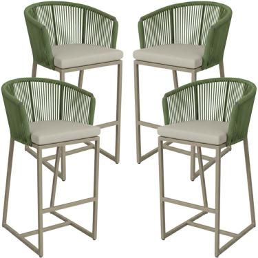 Imagem de 04 Banquetas Noronha Em Alumínio E Corda Náutica Trama Verde Musgo