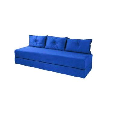 Imagem de Sofá Cama 3em1 em Tecido Suede Azul com Almofadas - Sofá que vira cama