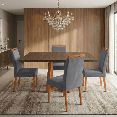 Imagem de Mesa Jantar Isabela 1,2m Freijó Pés Cerejeira 4 Cadeiras Heloísa Almofadada - Cinza Veludo