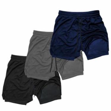 Imagem de Kit 3 Shorts Treino Dry Térmico 2 em 1 com Bolso para Cel. e Porta-Toalha Calção Fitnes...