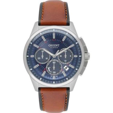 Imagem de Relogio Orient Masculino SOLAR Cronografo prata azul pulseira de couro
