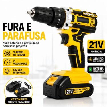 Imagem de Parafusadeira Furadeira a Bateria 21V Recarregável Sem Fio Profissiona