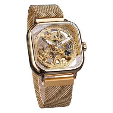Imagem de FORSINING Relógio de pulso automático mecânico dourado para homens esqueleto com mostrador transparente de aço inoxidável com entalhe em movimento de flor real, Dourado, Mecânico