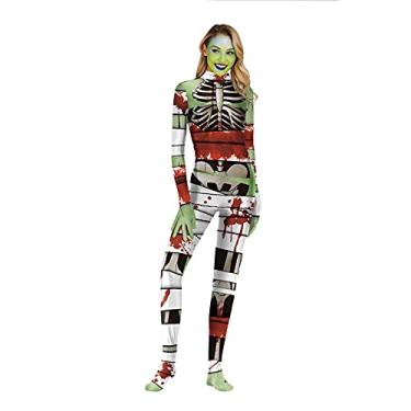 Imagem de Yajun Macacão de esqueleto com estampa 3D assustador para Halloween, moda skinny de poliéster para mulheres, roupa de festa em casa, GG (busto: 94 cm)