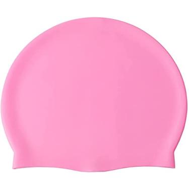 Imagem de Toucas de natação de silicone, elásticos antiderrapantes fixos, bonés de natação seguros à prova d'água com bolsa de armazenamento para cabelos longos e curtos mulheres, homens, crianças (rosa)