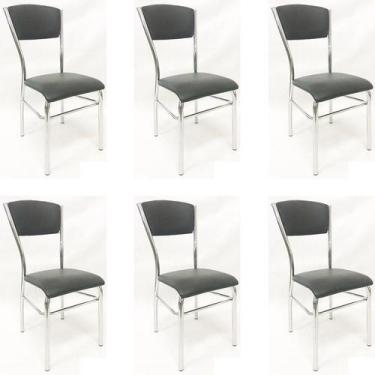 Imagem de Kit 6 Cadeiras De Cozinha Com Reforço Cromada Assento E Encosto Preto
