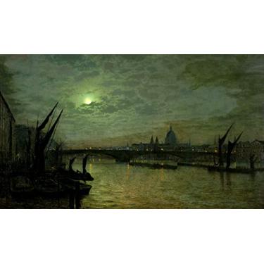 Imagem de O Rio Tamisa e a Ponte Southwark Londres Noite Tranquila sob o Luar Pintura de John Atkinson Grimshaw Repro em Tela"canvas" ou Arte em Papel (Tela "Canvas", 45cm X 80cm)