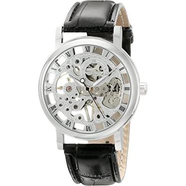 Imagem de ShoppeWatch Relógio de pulso de corda manual | Relógio de mão Steampunk masculino com engrenagens expostas | Relógio mecânico transparente esqueleto para homens e mulheres pulseira de couro preto