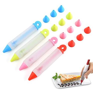 Imagem de 4 peças caneta de silicone para escrita de alimentos ferramenta de decoração de bolos caneta de creme de apertar ferramenta de decoração de bolo de chocolate utensílio de confeitaria bicos de massa para padaria cozinha loja de sobremesas acessórios 4 cores 4 cabeças