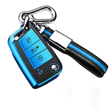 Imagem de YJADHU Capa de chave de carro TPU macio, apto para Volkswagen VW Golf 7 MK7 Tiguan MK2 Skoda Octavia A7 Kodiaq 2017 2018 2019, azul, chaveiro