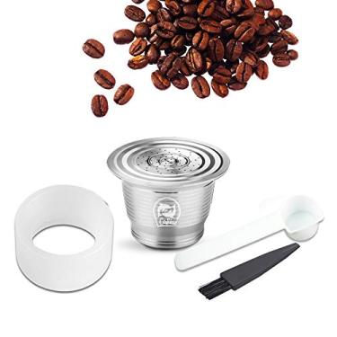 Imagem de Aibecy Compatível com Cápsula de café em aço inoxidável Nespresso Filtro para copo de cápsula de café reutilizável e recarregável com anel de prensa de pó para colher de escova