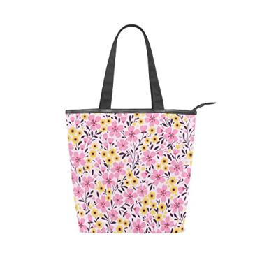 Imagem de Bolsa feminina de lona durável, primavera, rosa, amarelo, Ditsy Flowers grande capacidade, sacola de compras