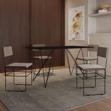Imagem de Mesa Jantar Industrial Trama 1,40X0,80M Preta Com 4 Cadeiras Estofadas Vitória Bege E Preta