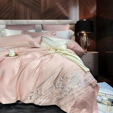 Imagem de Conjunto de cama de algodão egípcio bordado vintage cinza dourado clássico capa de edredom conjunto de lençol fronha queen king size (cor: A, tamanho: tamanho queen 9 peças)
