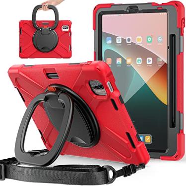 Imagem de QYiiD Capa para Xiaomi Pad 5 / Pad 5 Pro com suporte para caneta 11 polegadas 2021, capa protetora resistente à prova de choque com suporte giratório/suporte/alça de ombro de transporte, vermelha