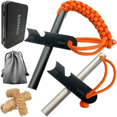 Imagem de VVAAGG Kit de iniciante de pedra de magnésio e fogo de aço, ferramenta de iniciação de fogo de pederneira com alça de paracord laranja e atacador, haste de ferro grande de 9,5 cm x 10 cm