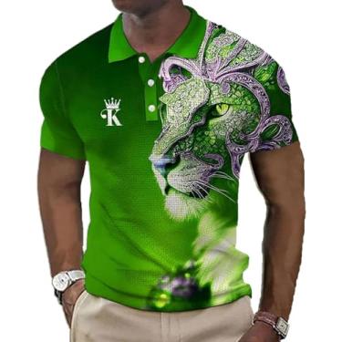 Imagem de Camisa polo masculina de manga curta com estampa de leão animal e design elegante de botão, Zphq65984, G