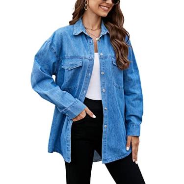 Imagem de Kedera Camisa jeans feminina de botão cambraia casual manga longa gola namorado camisa jeans com bolsos, Azul-escuro, M