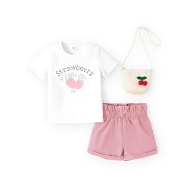 Imagem de PATPAT Conjunto de 3 peças para meninas, camiseta de manga curta e shorts de cor lisa com bolsa de palha de tecido, roupas de verão, Morango rosa, 2 Anos