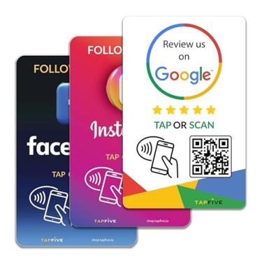 Imagem de TapFive Google Review Tap Cards + Siga-nos no Instagram e Facebook Tap Cards (pacote com 3) – Toque para avaliações instantâneas e seguidores – Compatível com todos os telefones – Reutilizável Tap NFC