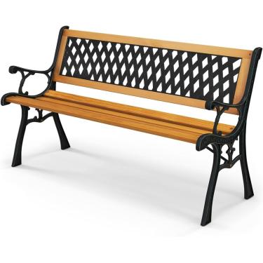 Imagem de Bancos de jardim para exteriores, banco ao ar livre com estrutura de ferro fundido e madeira, assento de amor para móveis à prova de intempéries, perfeito para quintal, deck, gramado, piscin