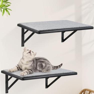 Imagem de Conjunto de 2 prateleiras de parede para gatos, prateleiras de madeira para gatos, rede de cama de parede para gatos com almofada para arranhar, prateleira de escalada para gatos para dormir, poleiro