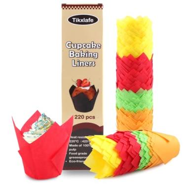 Imagem de 220 peças de forros de cupcake de tulipa para copos de cozimento, embalagens de cupcake à prova de gordura em tamanho padrão, forros de muffin de tulipa de papel manteiga, coloridos