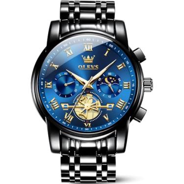 Imagem de OLEVS Relógio masculino executivo com mostrador diurno, mostrador verde/preto/branco/azul, volante multifunções luminoso, relógio de pulso masculino de aço inoxidável, Faixa preta e face azul