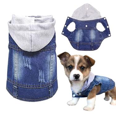 Imagem de (M(neck:10 chest:13-14 back:8), E) - SILD Pet Clothes Dog Jeans Jacket Cool Blue Denim Coat Small Medium Dogs Lapel Vests Classic Hoodies Puppy Blue Vintage Washed Clothes