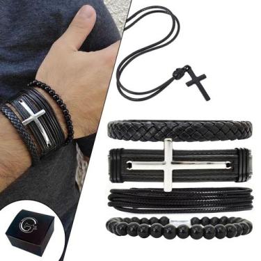 Imagem de KIT C/04 Pulseiras de Couro  Masculina Cruz Niquel + Colar Crucifixo A