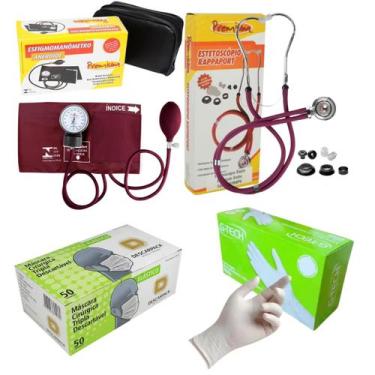 Imagem de Kit medidor de pressão esteto máscara e luvas caixa Vinho - Premium