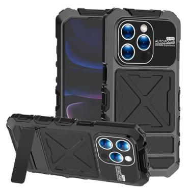 Imagem de Simicoo Compatível com iPhone 15 Pro Metal Bumper Militar Capa de Silicone Resistente Armadura de Metal Defender com Suporte Integrado Gorilla Glass Capa Completa à Prova de Poeira (Preto)