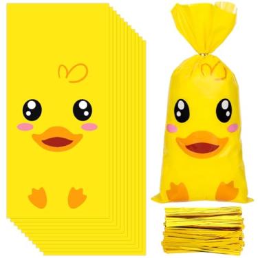 Imagem de JarThenaAMCS 100 unidades de sacos de guloseimas de celofane de pato amarelo com laços torcidos fofos de pato de desenho animado de plástico para lembrancinhas de festa de chá de bebê de verão