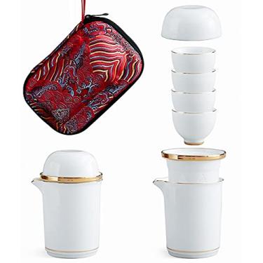 Imagem de Conjunto de xícara de chá de cerâmica portátil: conjunto de bule de chá de porcelana com coador de chá - tampas e 4 xícaras de chá - 1 estojo de armazenamento à prova de choque - adequado para viagens