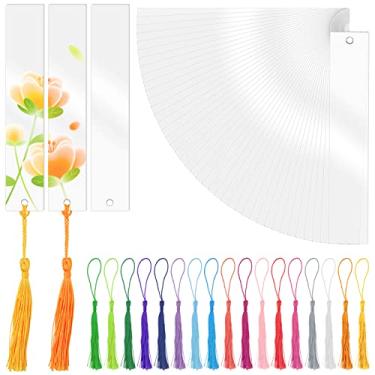 Imagem de Rcybeo Pacote com 80 kits de marcadores em branco, marcadores de página de acrílico transparente para artesanato com borla colorida, marcador de página DIY para presente feminino, fazendo marcadores de página de resina de flores secas e etiquetas de presente, 2,5 x 14,5 cm