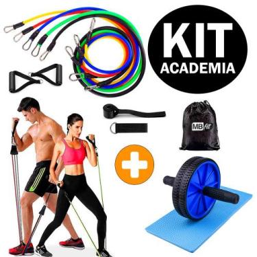 Imagem de Kit Treino em Casa Elásticos Extensores 11 Peças Power Tube + Roda Abd
