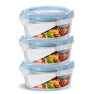 Imagem de Kit Conjunto 3 Potes Vidro Hermético Tampa Plástico Marmita Mantimentos 950ml (Azul)