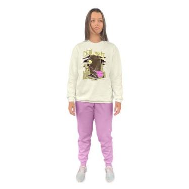 Imagem de Conjunto de Moletom Feminino Blusa Sem Capuz e Calça Jogger Estampado 