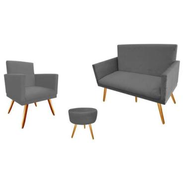 Imagem de Kit Namoradeira + 1 Poltrona Decorativa Nina + Puff Redondo Suede Cinz