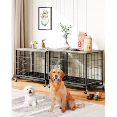 Imagem de GAOMON 2024 New Dog Crate Furniture, canil de madeira para cães de 82,5 cm com bandeja e rodas removíveis, mesa de canto de gaiola de duas portas resistentes, casa interna para cães médios, cinza