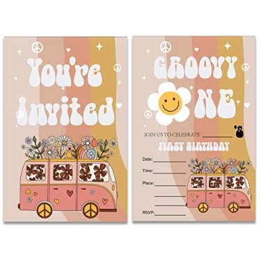 Imagem de Soiceu Conjunto de 20 convites retrô para festa de aniversário Groovy One Birthday Party Invitations with Envelopes Vibe Peace Love Hippie Anos 70 1º Aniversário Party Convites Preencha em branco